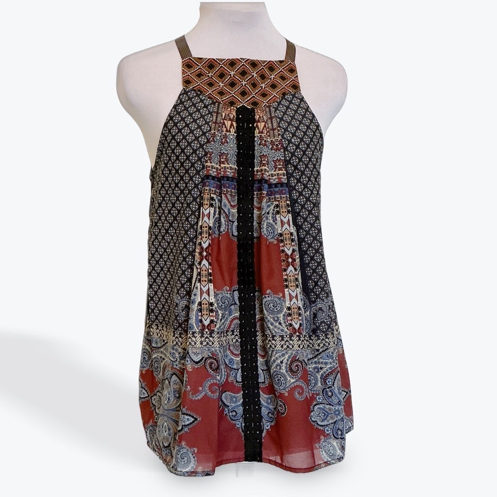 Esley Womens Mixed‎ Print Halter Top Paisley Beaded Boho Sleeveless Black Small